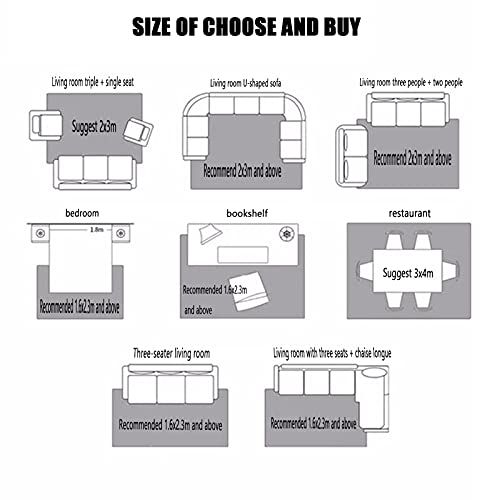 Diagramme avec différentes dispositions de pièces et tailles de tapis recommandées. Texte : "SIZE OF CHOOSE AND BUY".
