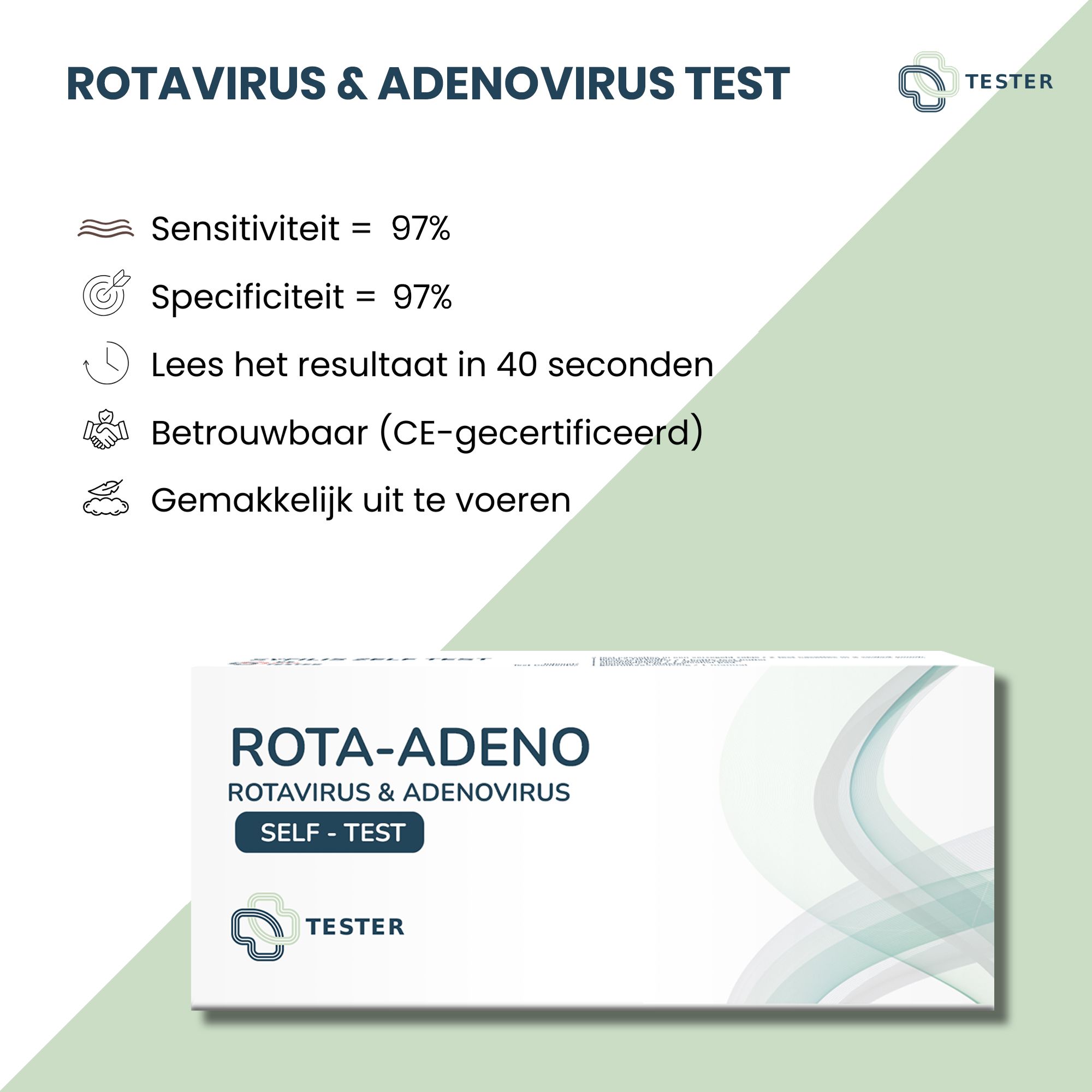 Infographic van de Rota-Adeno test. Toont gevoeligheid, specificiteit, resultaat tijd, CE-certificering en eenvoud. Logo: Tester.