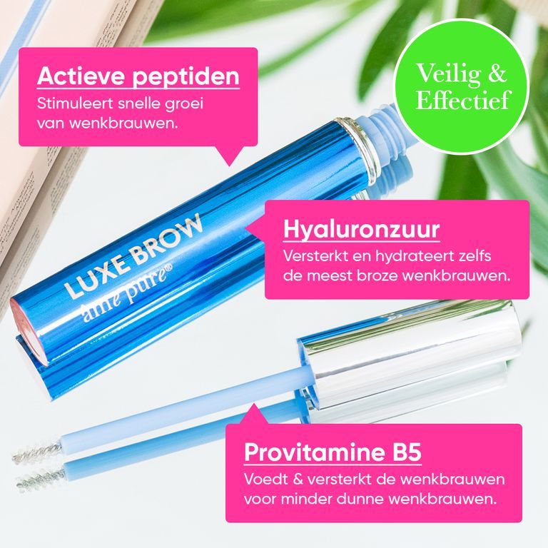 Een blauw flesje LUXE BROW wenkbrauwserum met zilveren applicator. Tekst benadrukt peptiden, hyaluronzuur en provitamine B5.