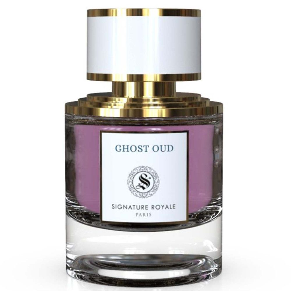 Glazen fles met witte dop en gouden accenten. Label met "Ghost Oud" en "Signature Royale".
