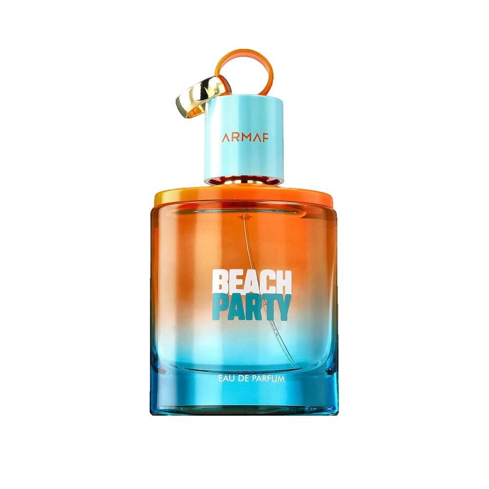 Fles met oranje-blauwe kleurovergang. Opschrift "BEACH PARTY" en "EAU DE PARFUM". Lichtblauwe dop met gouden ring.