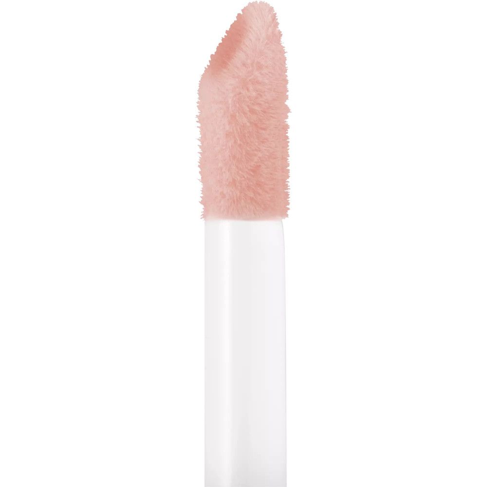 Close-up van de applicator van Essence Hydra Kiss Lip Oil. Roze applicator met witte steel.