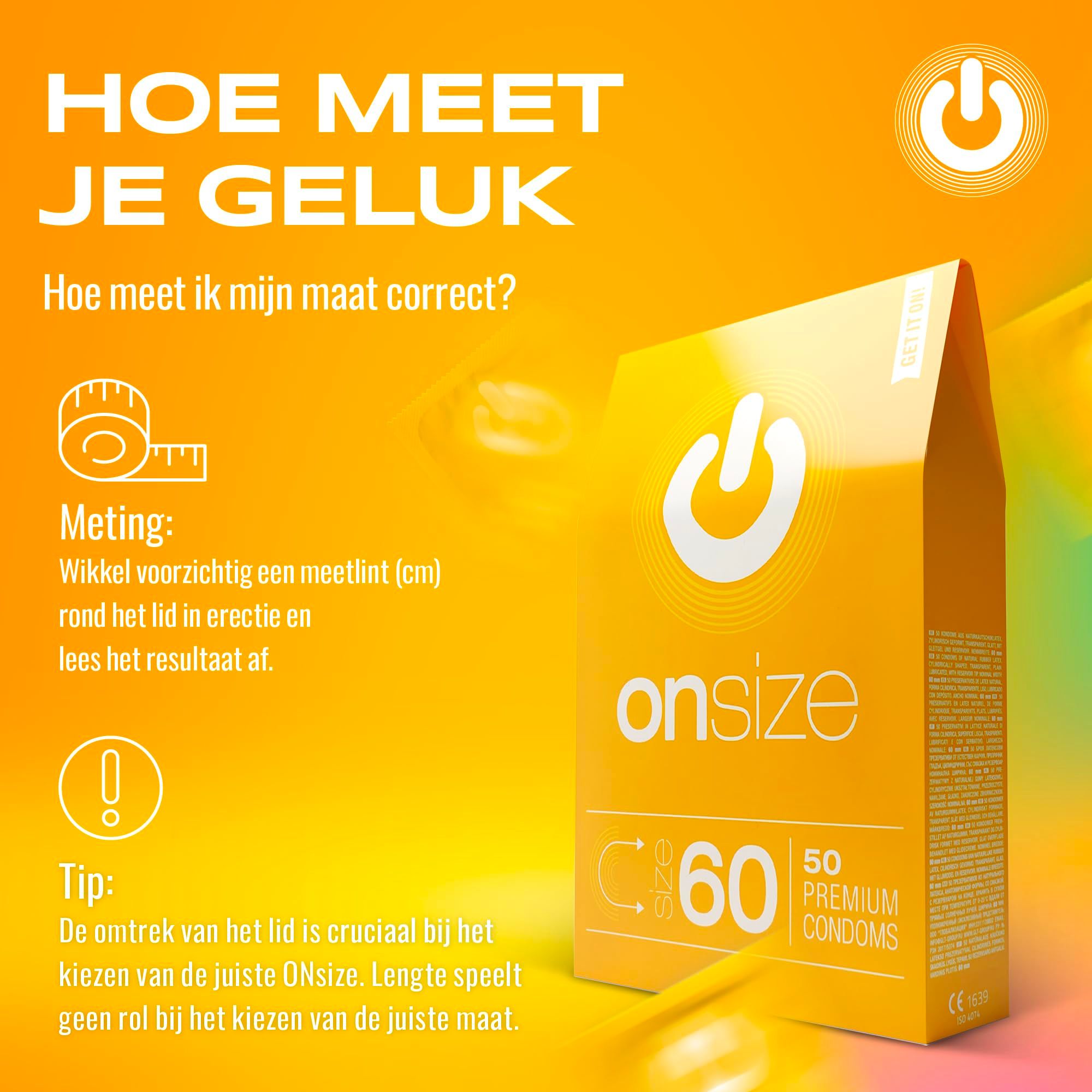 Verpakking ONsize 60mm, 50 premium condooms. Tekst: Een natuurlijke ervaring. Latex.