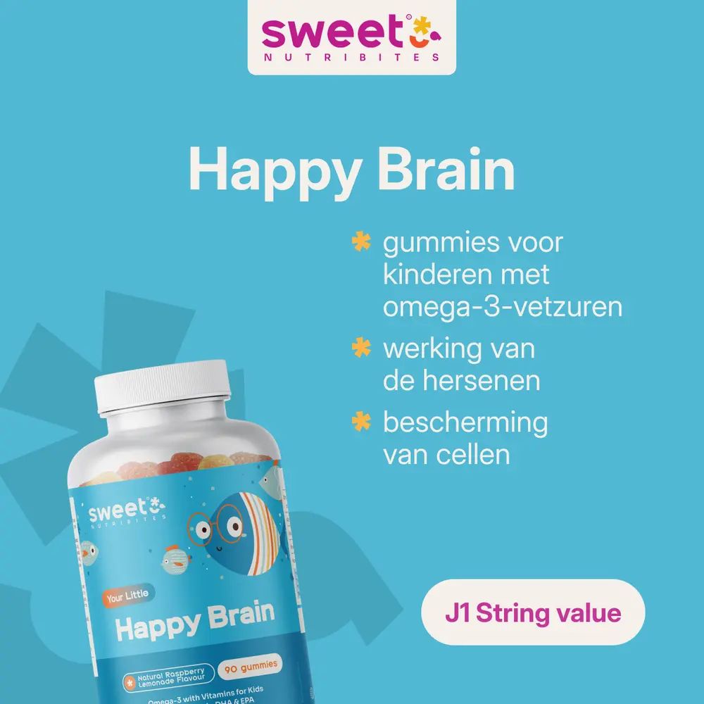 Fles gummies. Tekst Happy Brain, gummies voor kinderen met omega-3, hersenfuncties, celbescherming.