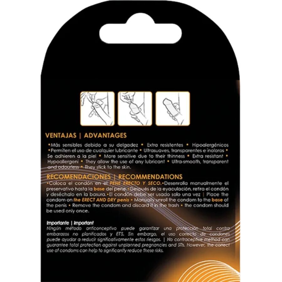 Verpakking met productinformatie. Tekst in het Spaans en Engels. Illustraties van gebruik. Zwarte achtergrond met oranje accenten.