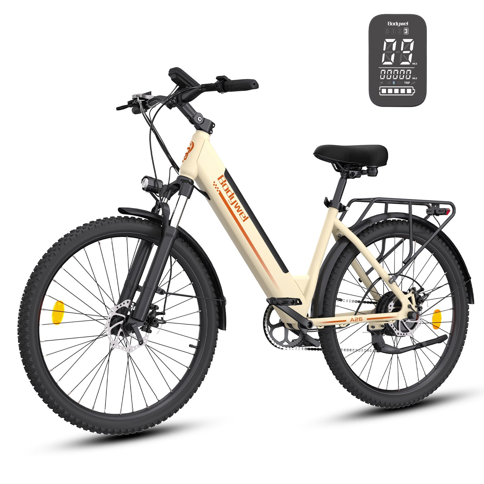 Vélo électrique beige et noir. Affichage numérique de la vitesse et de la batterie. Porte-bagages arrière.