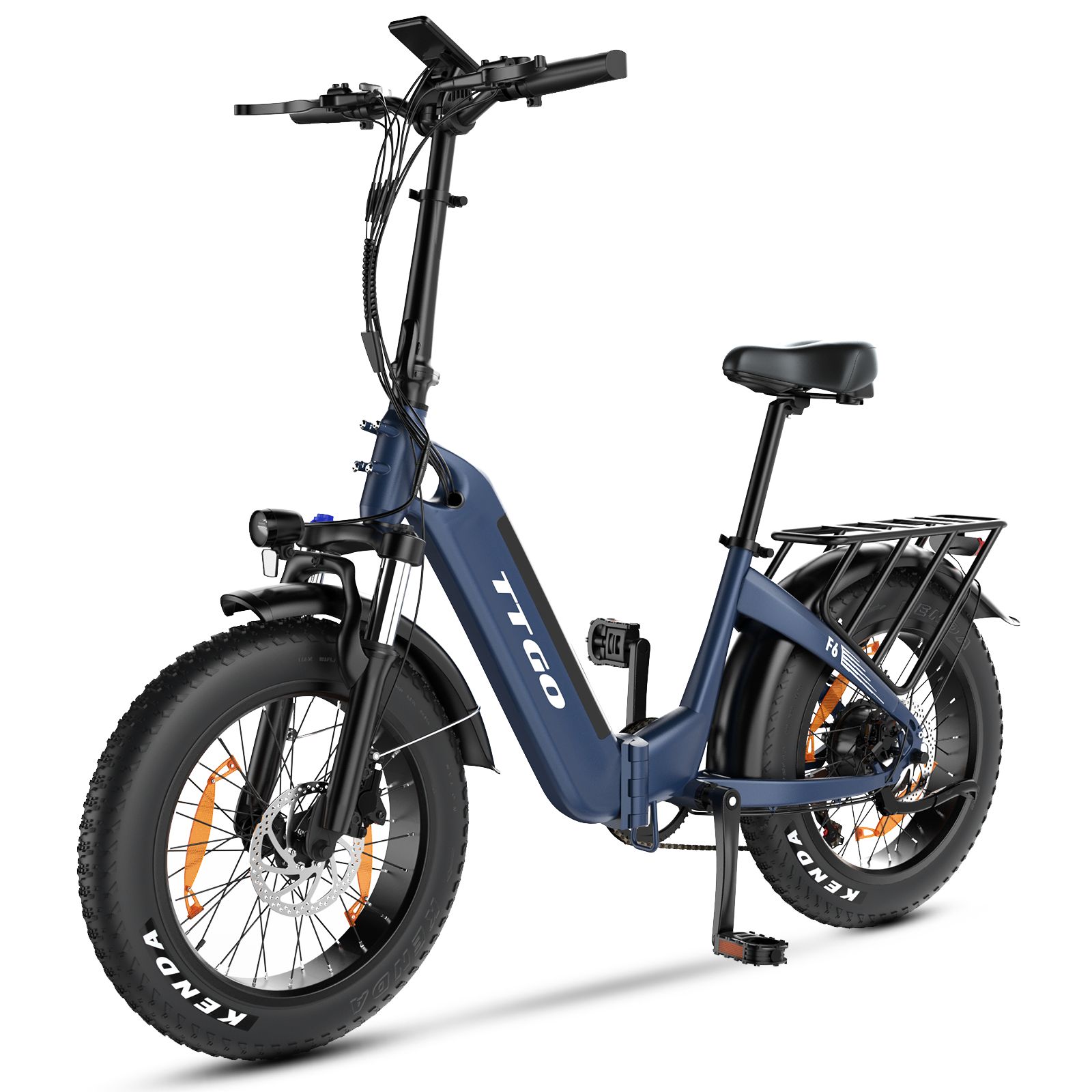 Vélo électrique pliable bleu foncé. Pneus noirs Kenda. Porte-bagages, selle, garde-boue. Logo TTGO.