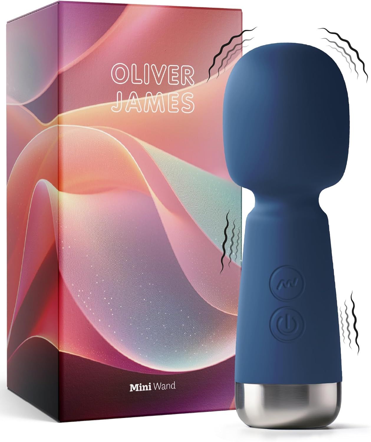 Mini vibrateur Oliver James Bullet bleu avec accent argenté. Deux boutons sur la poignée. Emballage en arrière-plan.