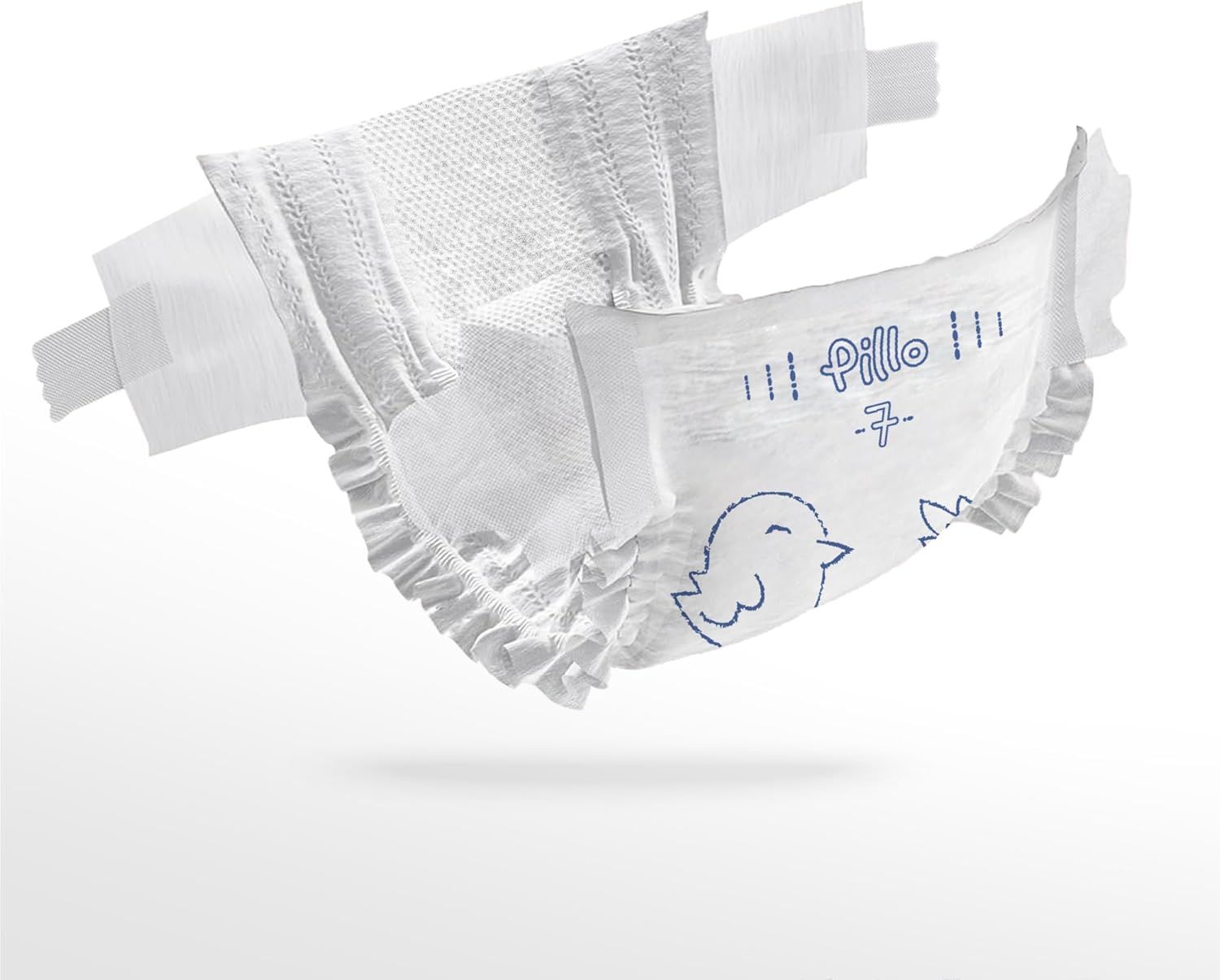 Open Pillo luier, maat 7. Witte luier met blauwe details en vogelmotief. Klittenbandsluitingen zichtbaar.