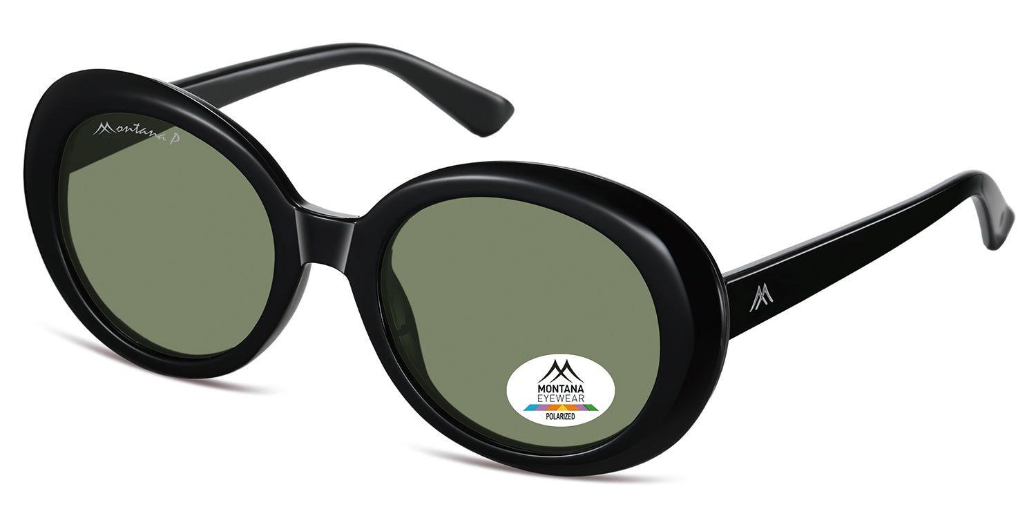 Lunettes de soleil noires avec verres ronds. Logo Montana Eyewear et autocollant Polarized. Monture et branches noires.