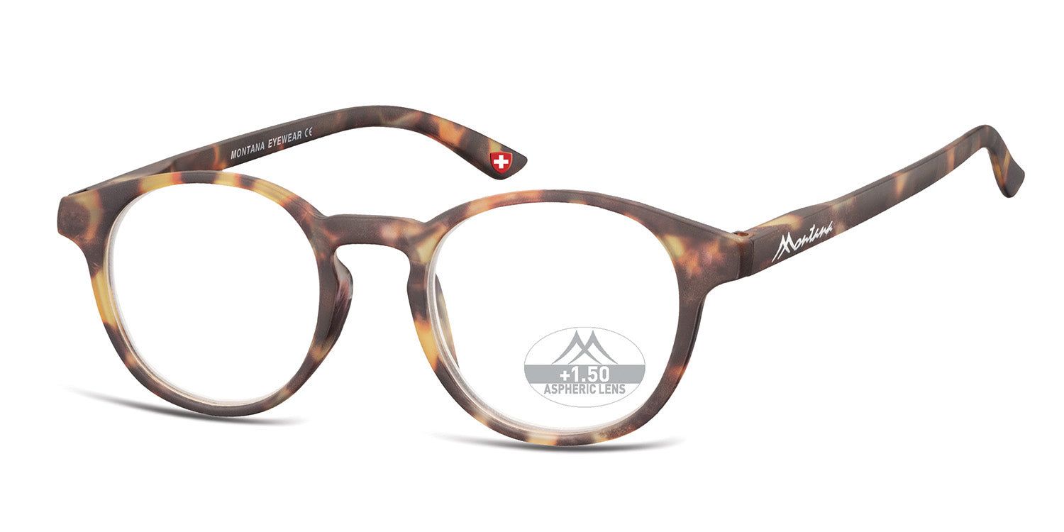 Lunettes marron à monture ronde, verres +1.50. Logo Montana Eyewear sur la branche. Croix suisse.