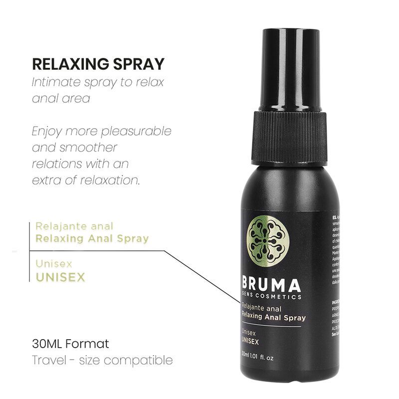 Zwarte fles Bruma Anal Relaxing Spray met sproeikop en etiket.