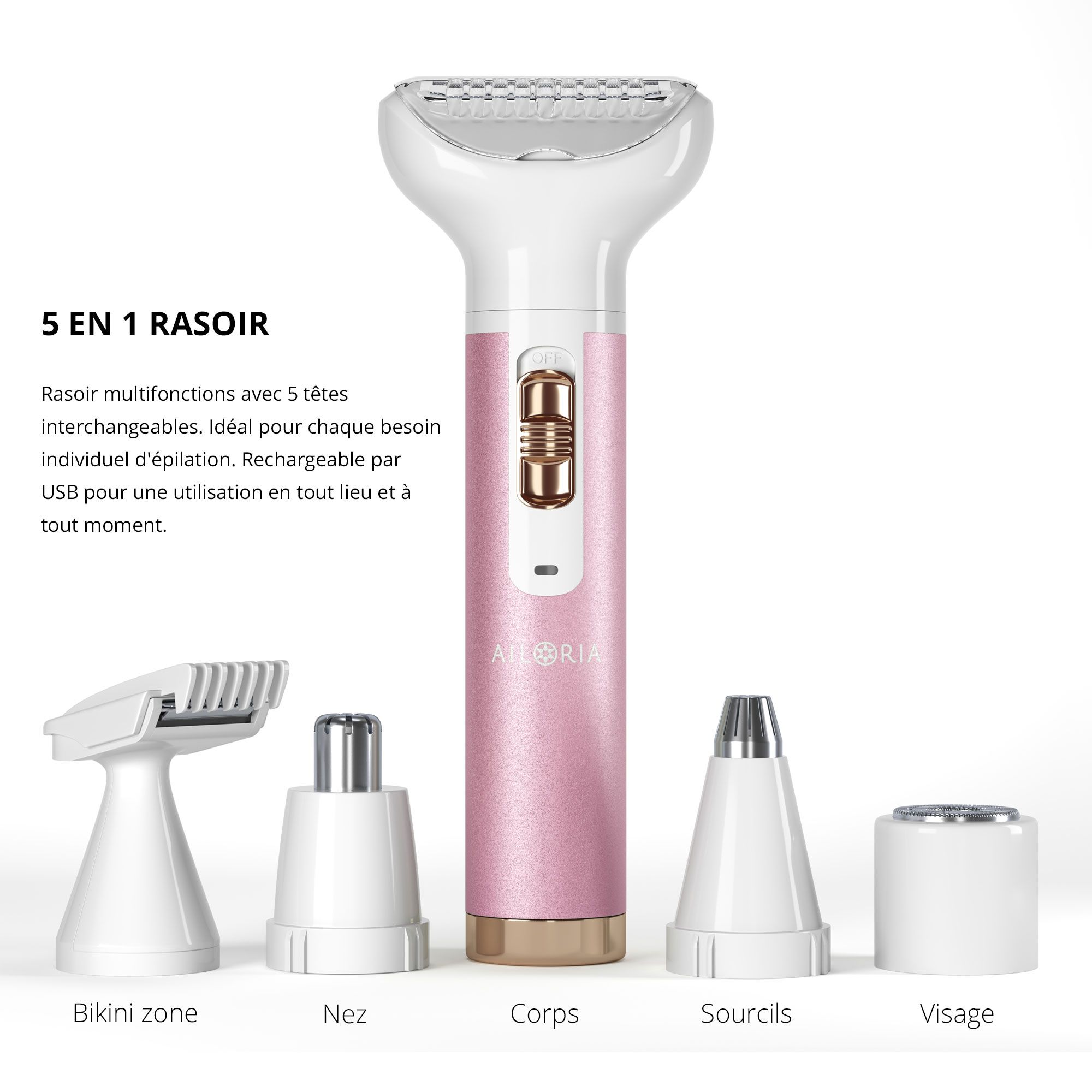 Image produit avec texte. Rasoir 5-en-1 avec 5 têtes interchangeables. Idéal pour l'épilation individuelle. Rechargeable USB.