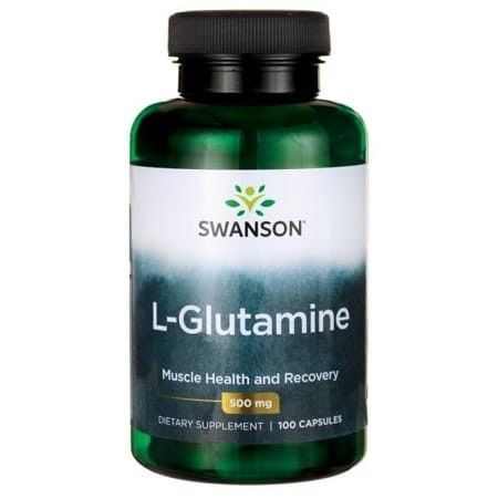 Bouteille verte de capsules de L-Glutamine Swanson 500 mg. Étiquette avec informations sur le produit.