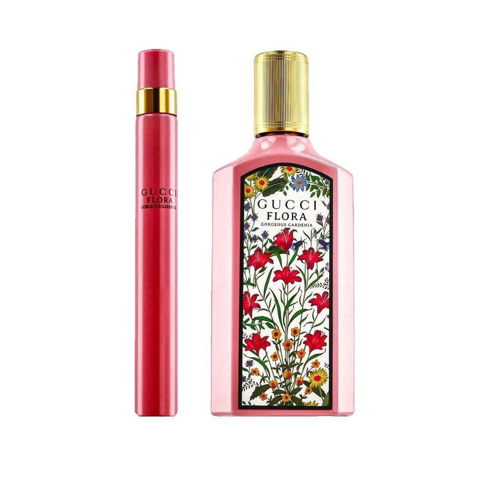 Roze fles en verstuiver. Gouden dop. Bloemenpatroon en logo.