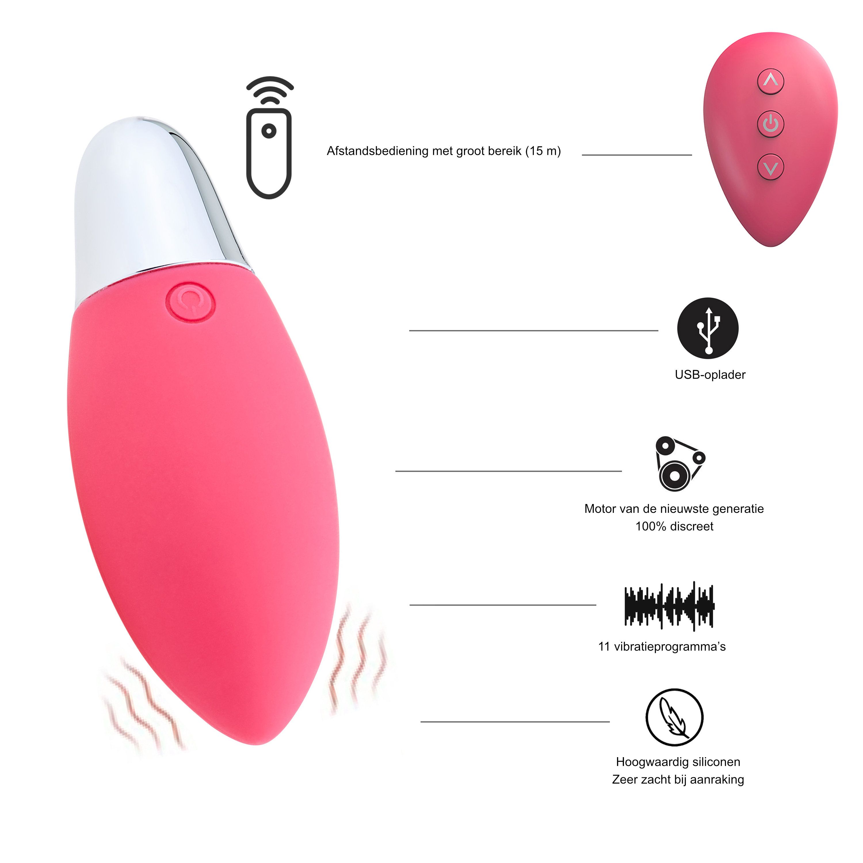 Roze liefdesei met afstandsbediening, USB-oplader, 11 vibratieprogramma's, siliconen.