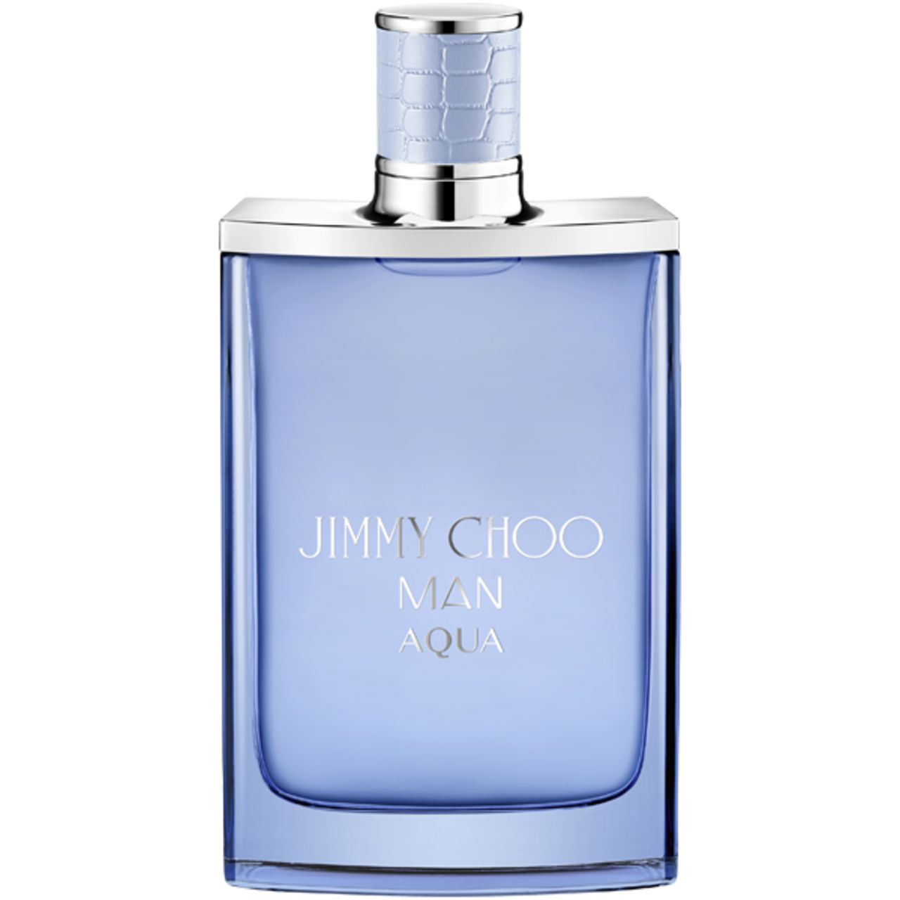 Flacon de parfum bleu clair avec bouchon argenté. Inscription: JIMMY CHOO MAN AQUA. Forme carrée.
