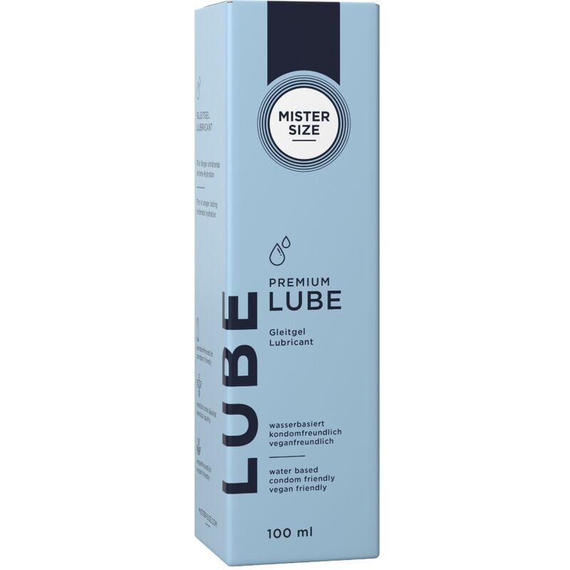 Emballage bleu clair avec logo et nom du produit. Texte: Premium Lube, gel lubrifiant, à base d'eau, végétalien. 100 ml.