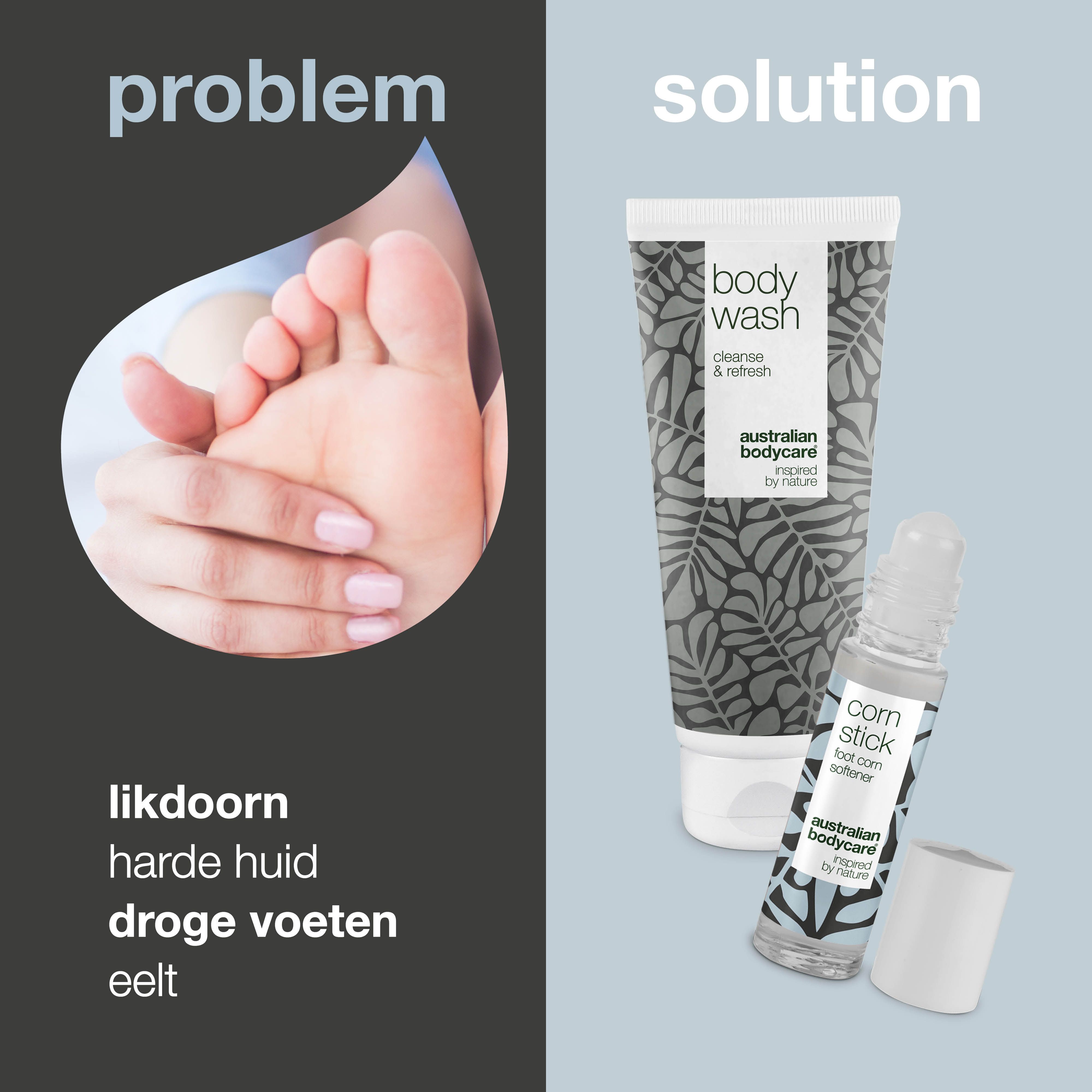 Probleem-oplossing presentatie. Tube, roll-on. Opschriften: Body Wash, Corn Stick. Merk: Australian Bodycare.