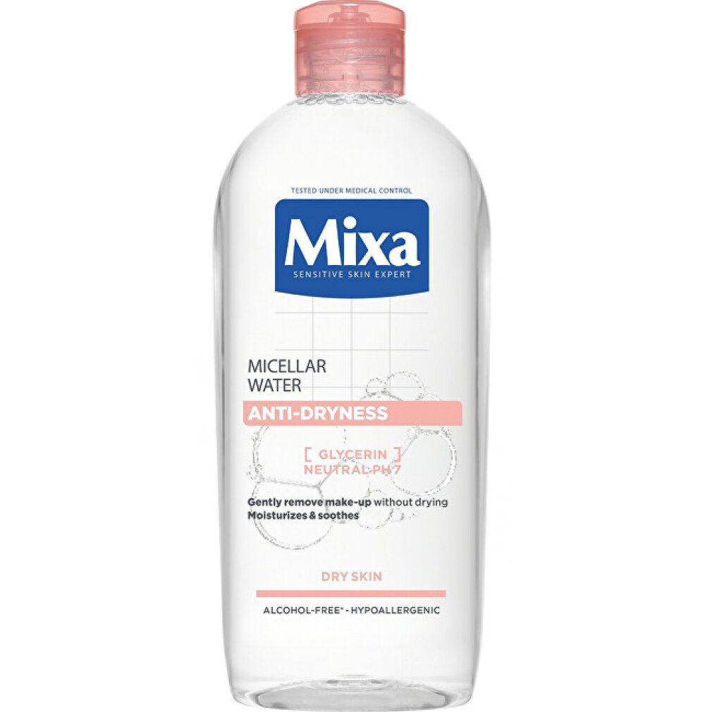 Transparante fles met blauw en roze label. "Mixa" logo, "Micellar Water Anti-dryness" en tekst voor droge huid.