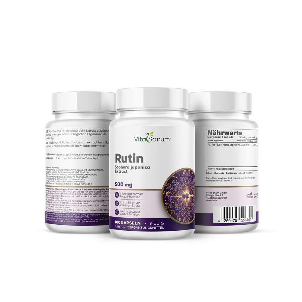Trois flacons blancs VitaSanum Rutin. Inscription : Rutin, Sophora japonica Extract, 500 mg. Design violet et or.