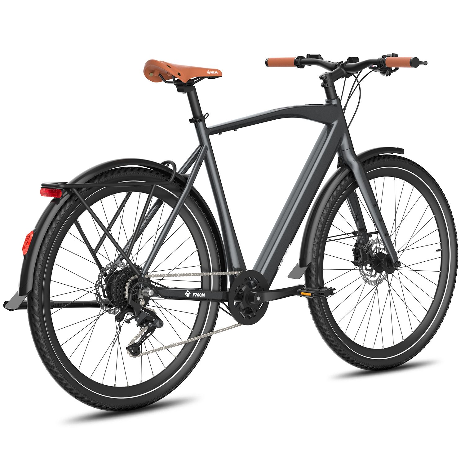 Vélo électrique gris avec selle marron et poignées orange. Pneus noirs, garde-boue. Logo FAFREES.