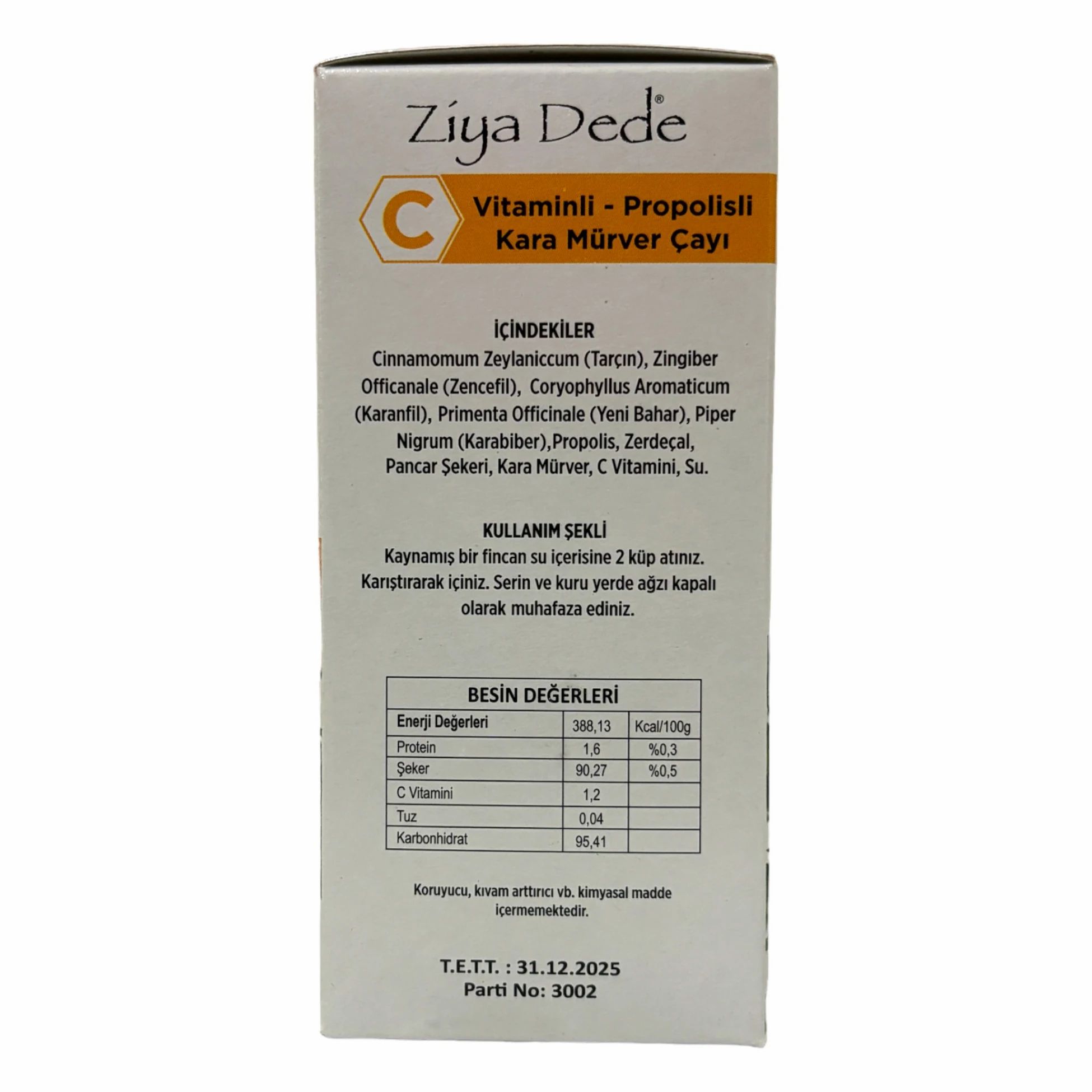 Dos de l'emballage. Texte: Vitaminli - Propolisli Kara Mürver Çayı. Liste des ingrédients, informations nutritionnelles et mode d'emploi.