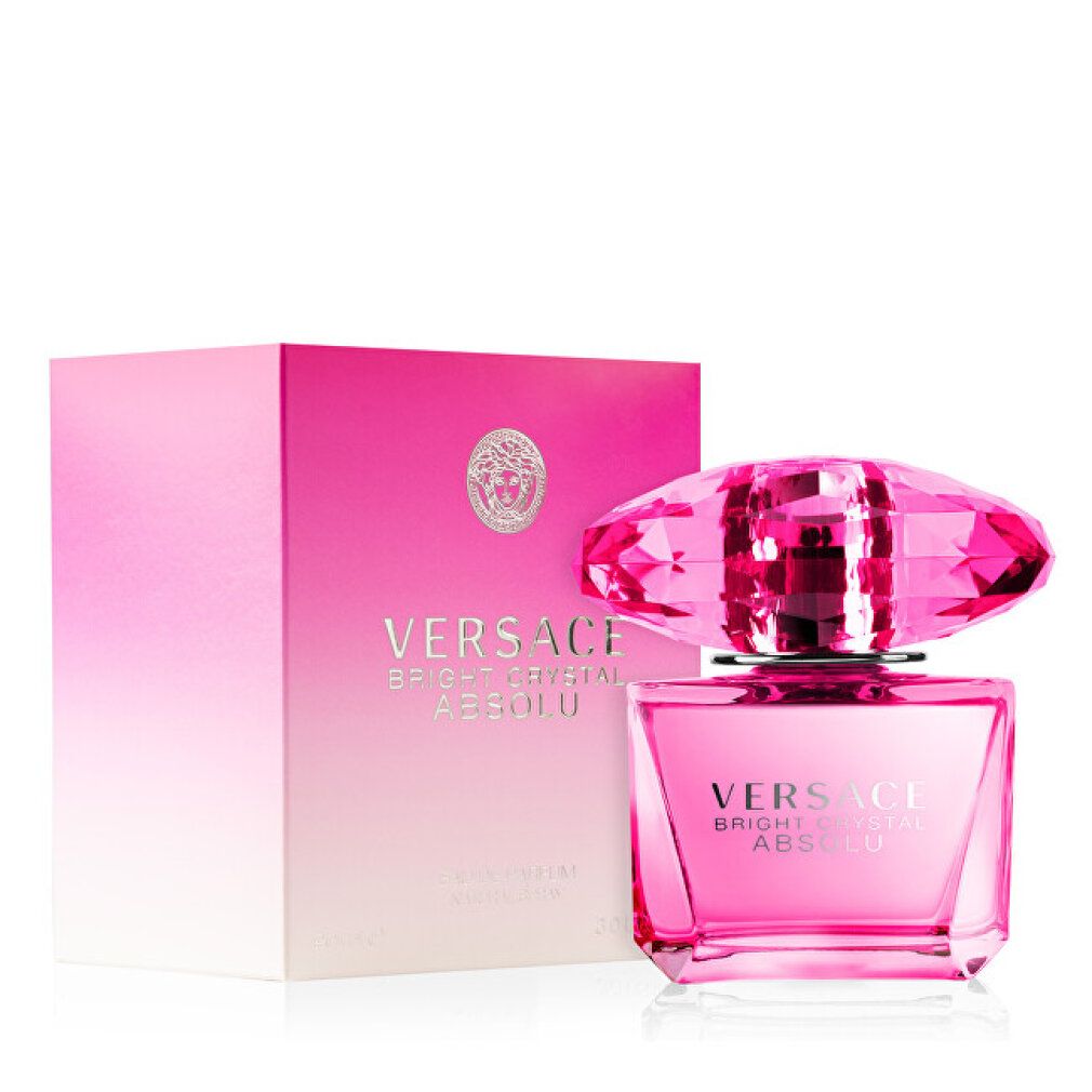 Roze fles met roze dop en verpakking. Opschrift: Versace Bright Crystal Absolu Eau de Parfum.