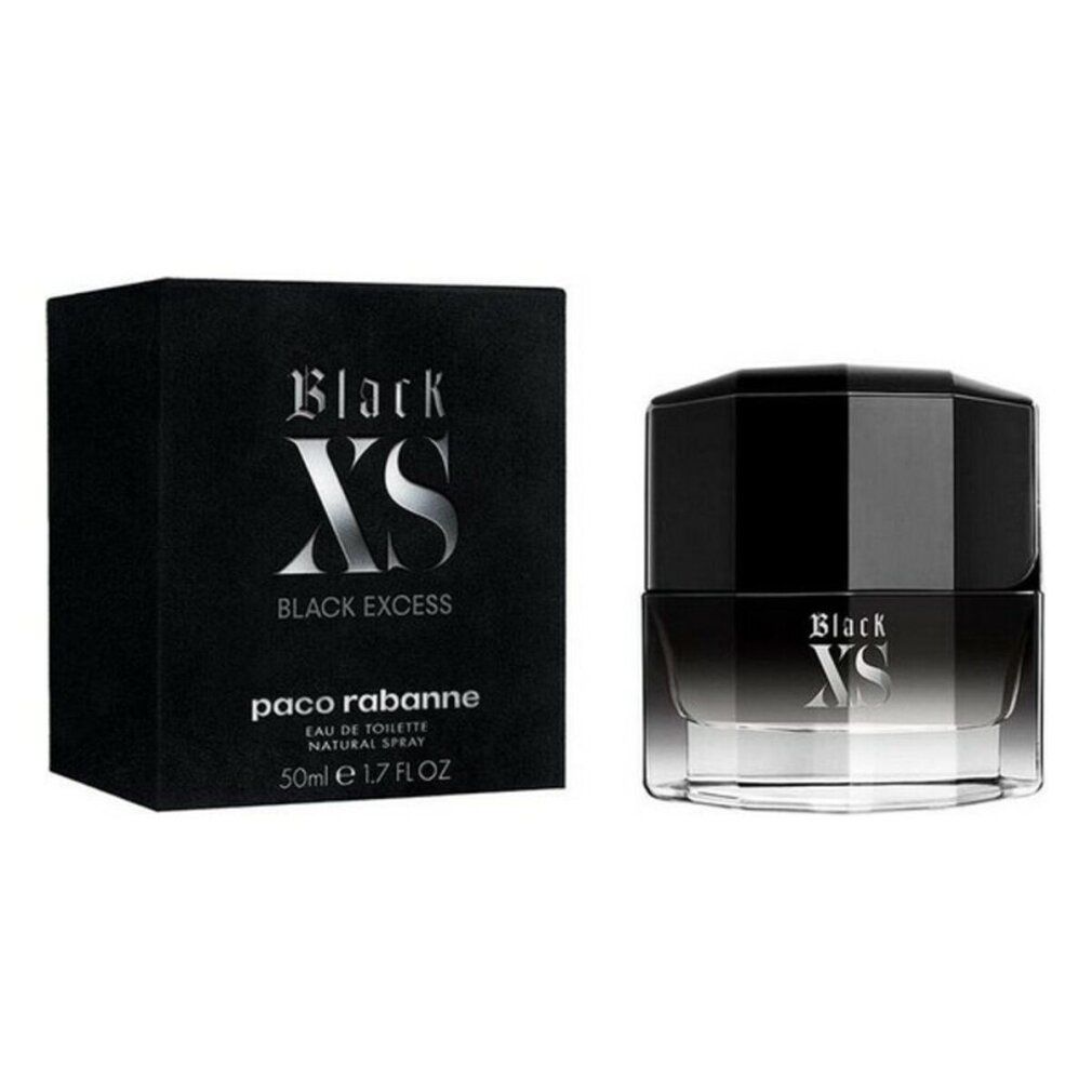Flacon et boîte noirs avec logo "Black XS". "paco rabanne" et "Eau de Toilette Spray" également visibles.