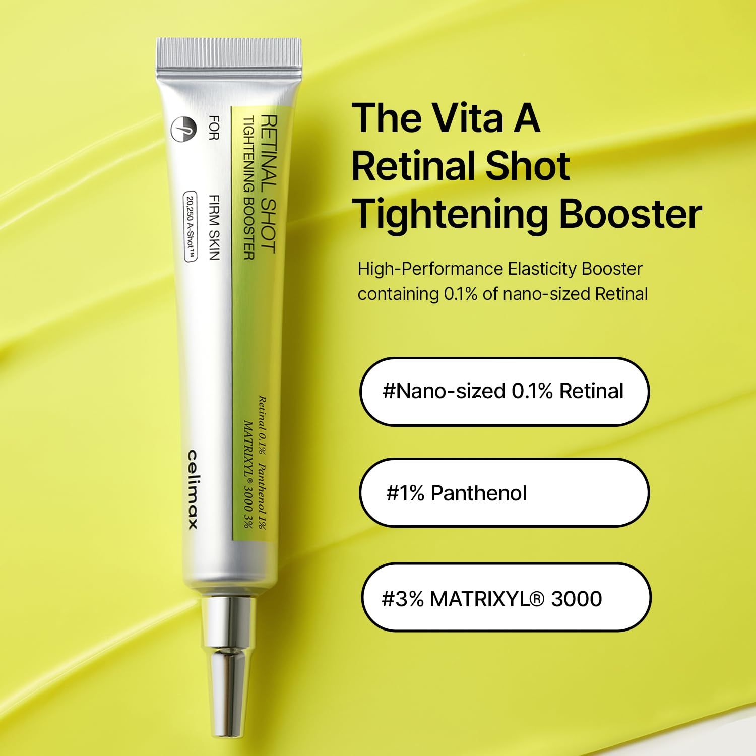 Tube met tekst: The Vita A Retinal Shot Tightening Booster. Bevat 0,1% nano-retinal, 1% panthenol, 3% Matrixyl 3000.