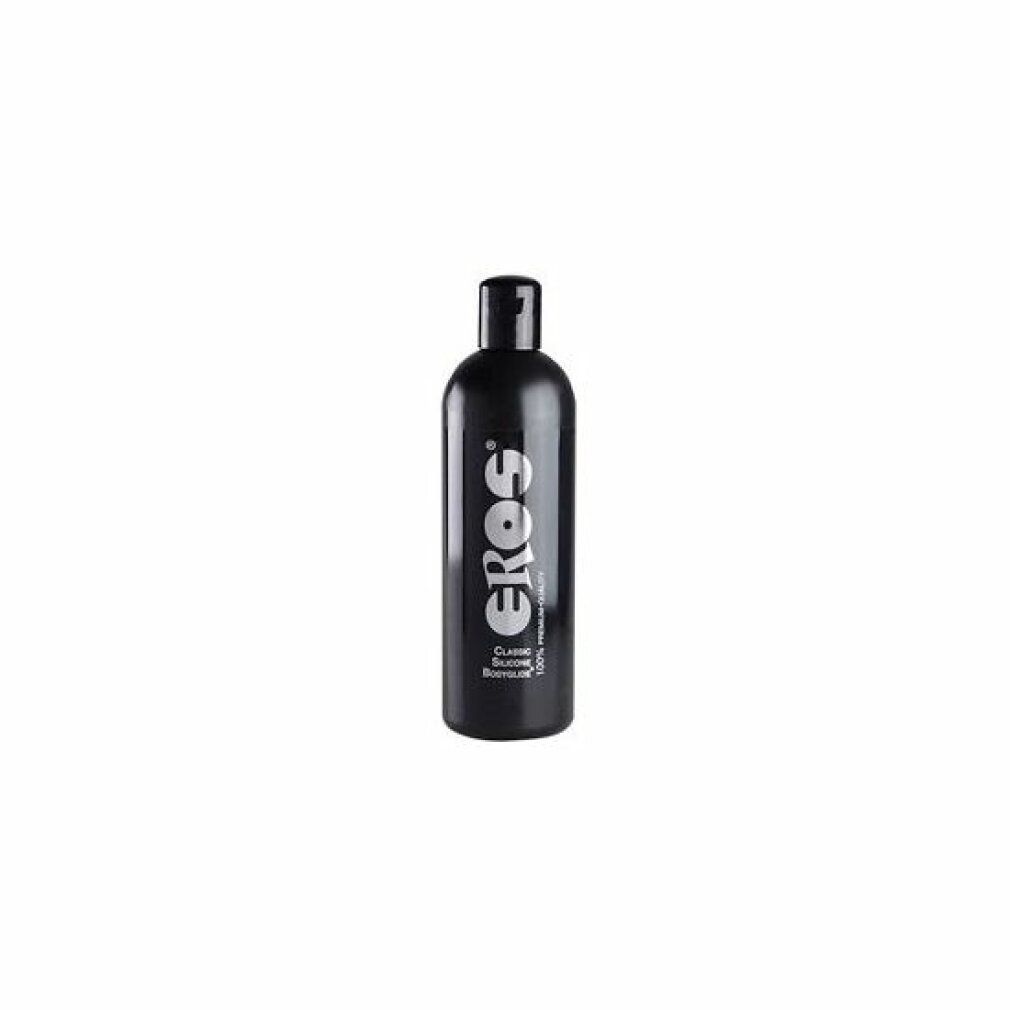 Petit flacon noir avec logo EROS et texte 'Classic Silicone Lubricant'.