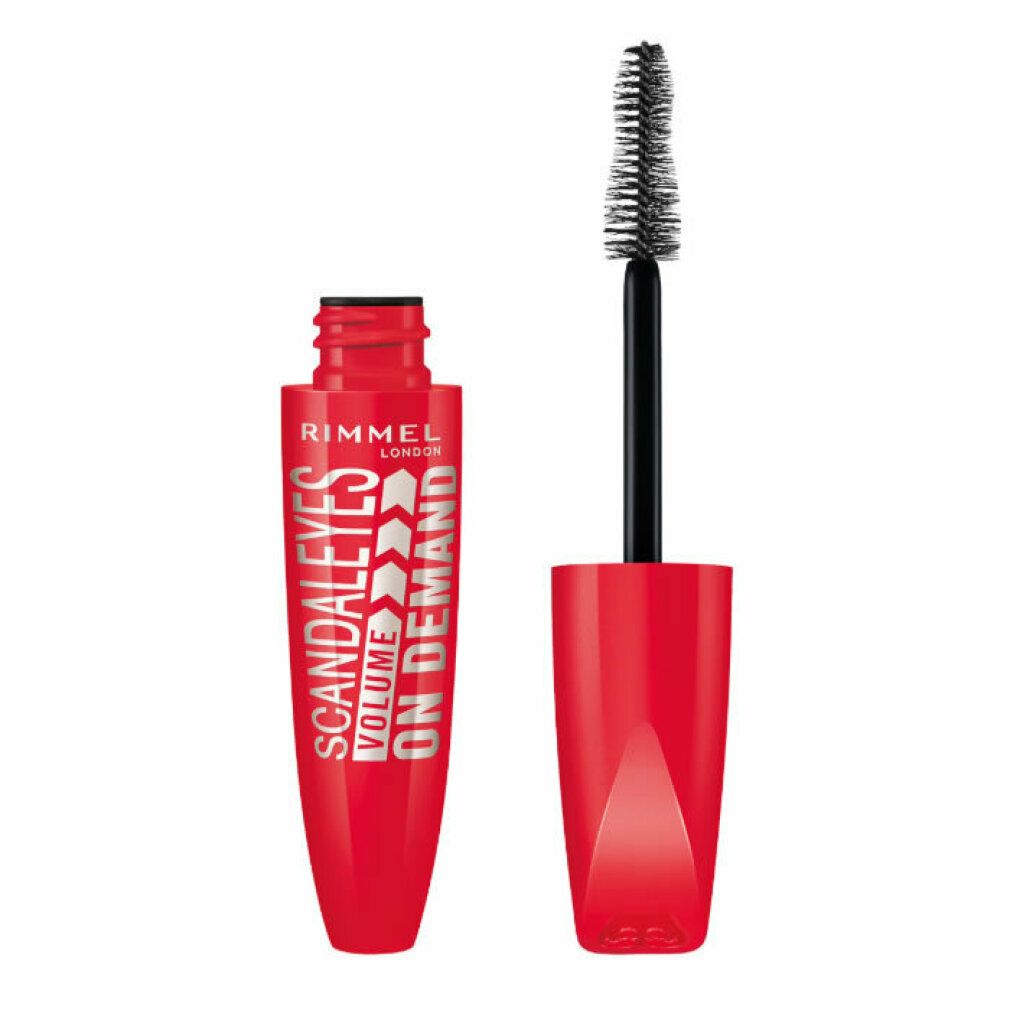 Rode mascara borstel en houder. Tekst: Rimmel London, Scandaleyes Volume On Demand. Zwarte mascara borstel.