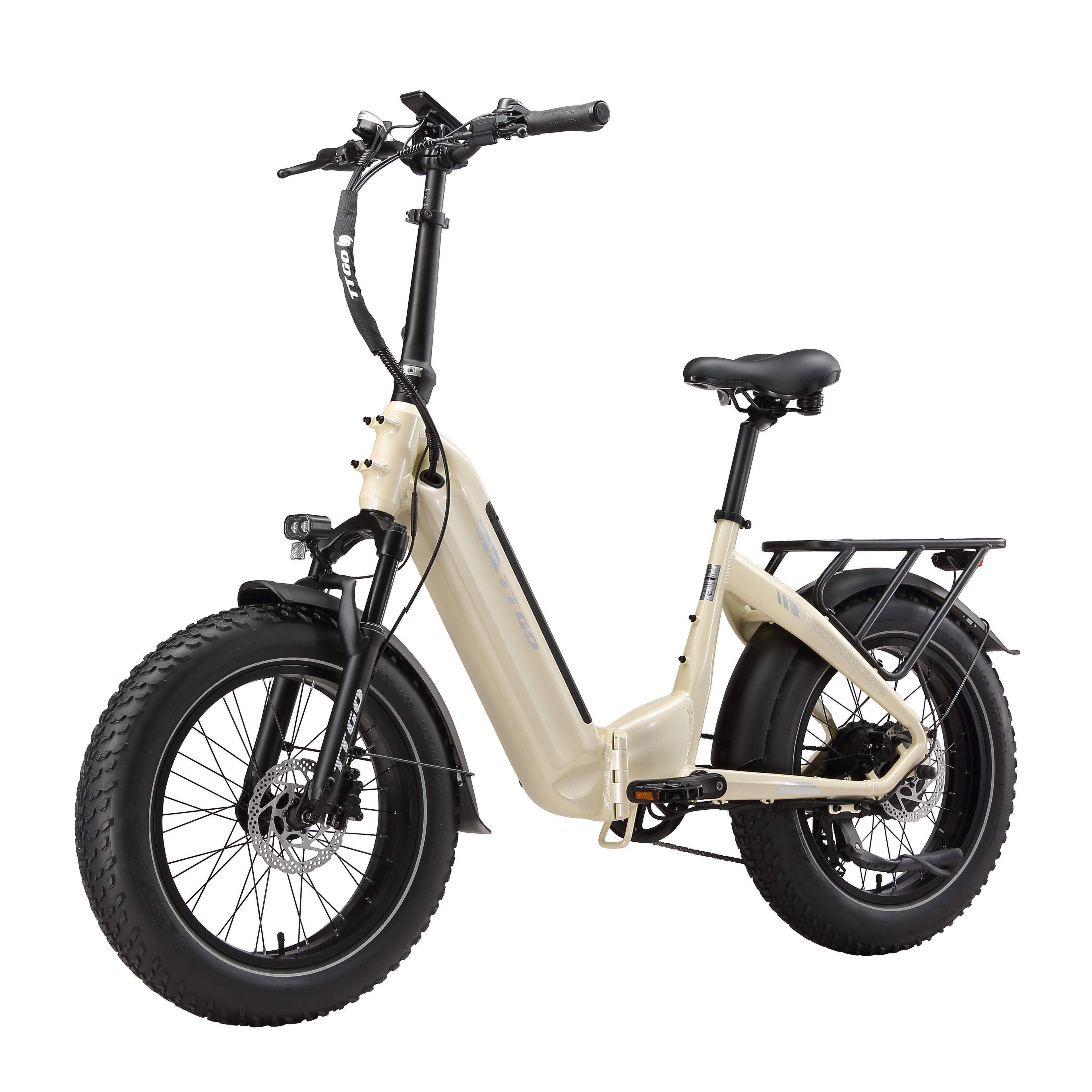 Beige opvouwbare e-bike met zwarte banden en details. Zwart zadel, bagagerek. "ADVENTURE" op de band.