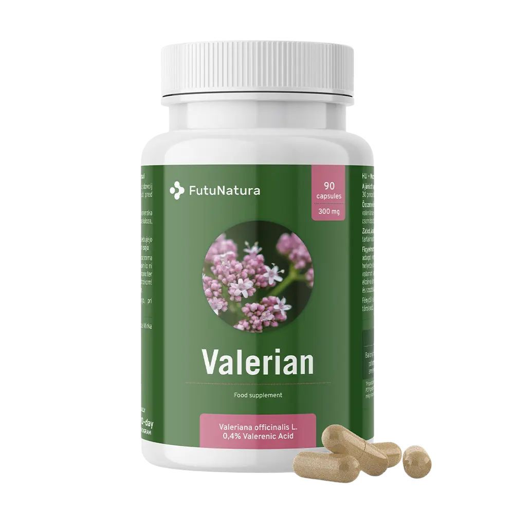 Fles met 90 valeriaan capsules, 300 mg per capsule. Bevat Valeriana officinalis L.