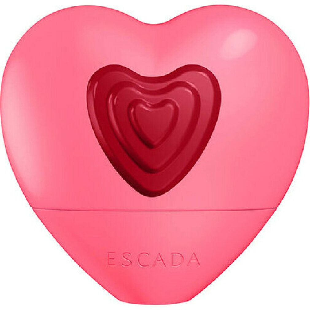 Roze hartvormige flacon met rood hartpatroon. Flacon met opschrift "Escada".