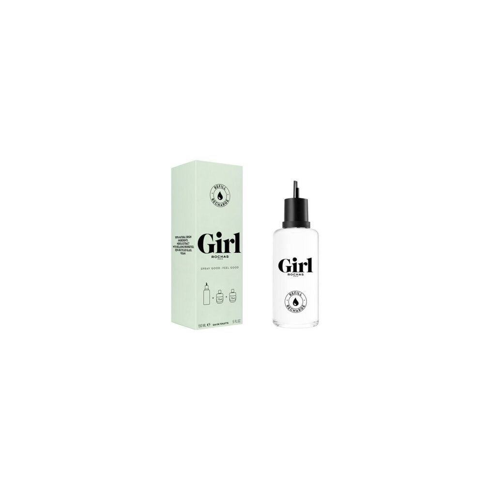 Girl Eau de Toilette. Flacon et emballage. Verre blanc, bouchon noir. Texte : Girl, Rochas, Refill Recharge. Emballage avec texte.