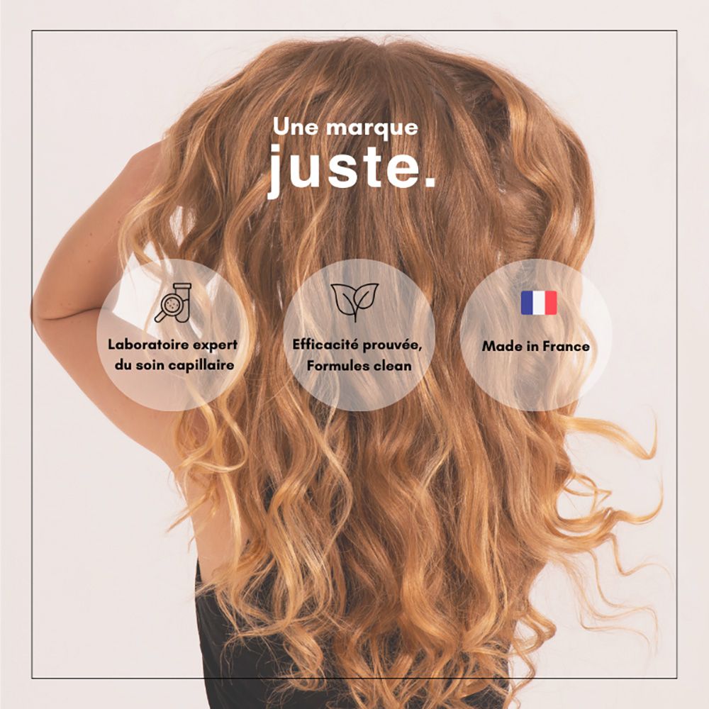 Vue arrière d'une femme aux cheveux ondulés. Texte: Une marque Juste. Laboratoire, Efficacité, Fabriqué en France.