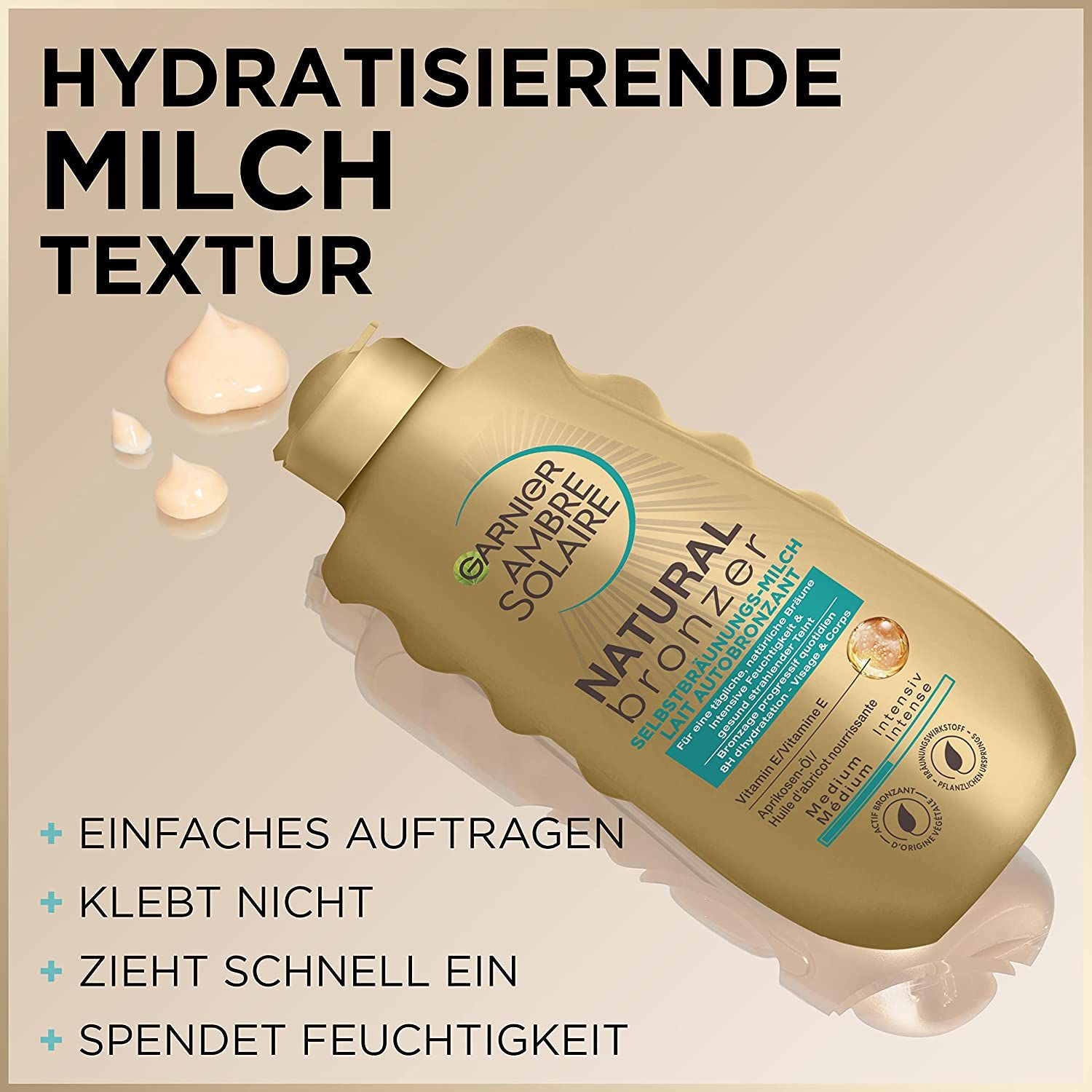 Produit et gouttes. Texte: Hydratisierende Milch Textur. Avantages: application facile, ne colle pas, pénètre vite, hydrate.