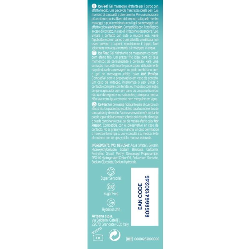 Arrière du flacon de gel Control Ice Feel avec ingrédients et code EAN.
