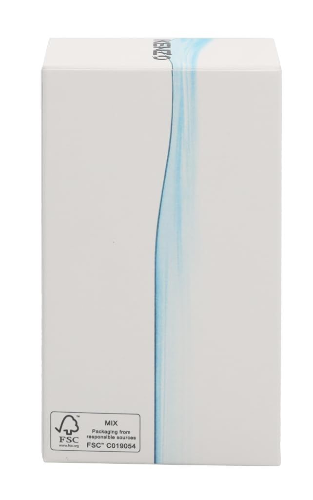 Witte verpakking met FSC-certificering. Blauw golfdesign. Opschrift: KENZO. FSC-logo en tekst onderaan.