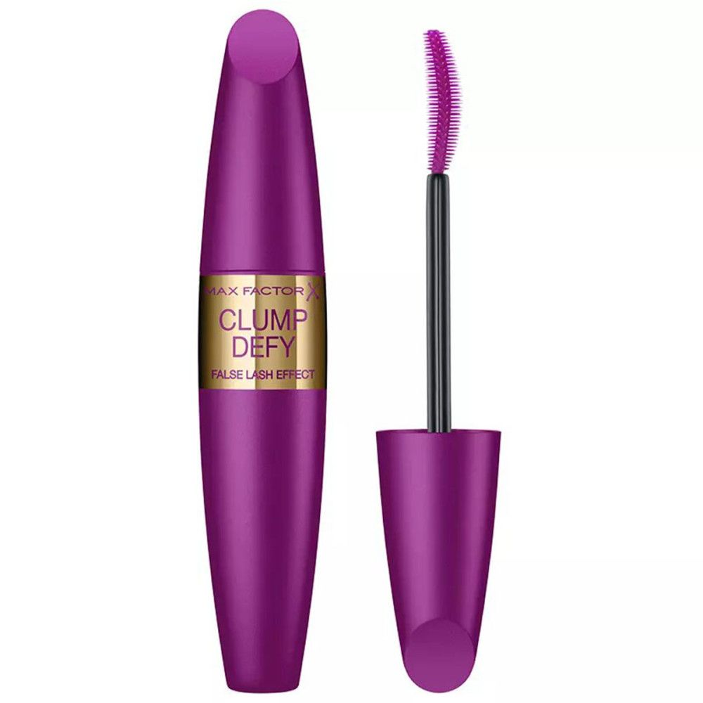 Paarse mascara tube en borstel. Opschrift: Max Factor Clump Defy False Lash Effect.