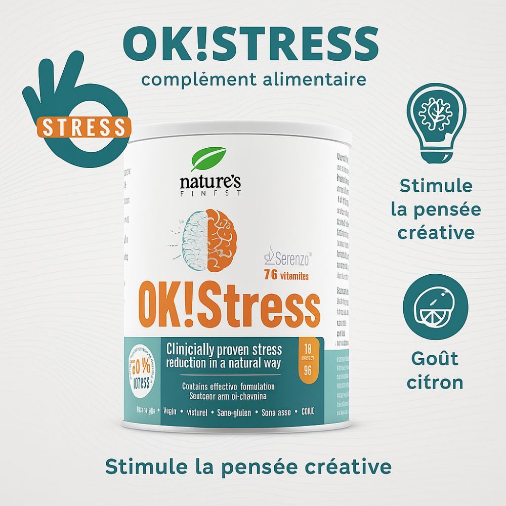 Boîte OK!Stress avec geste de la main. Inscriptions : Nature's Finest, OK!Stress, 7 vitamines B. Complément alimentaire. Goût citron.
