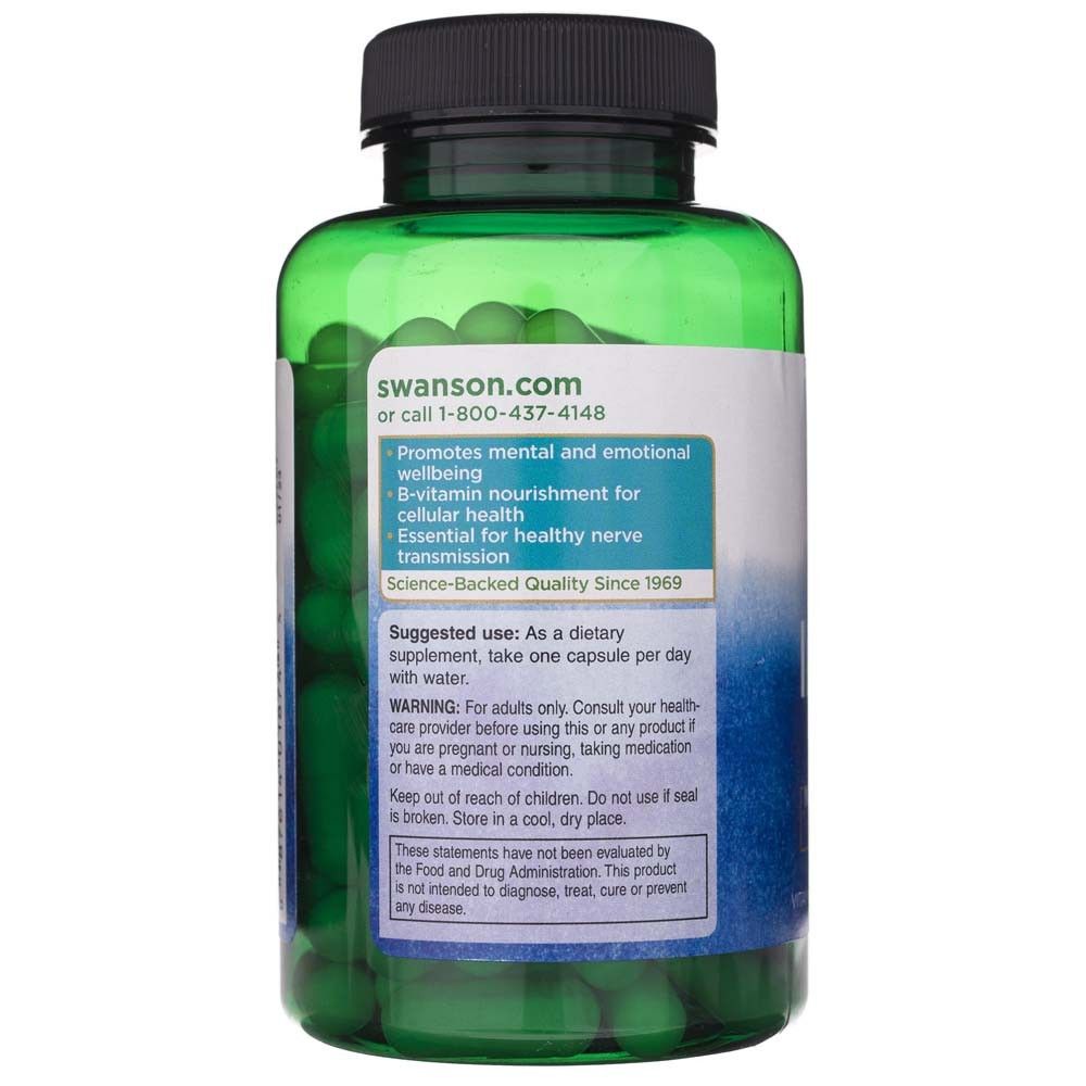 Groene fles met B-vitamine capsules. Bevat gebruiksaanwijzing en waarschuwingen.