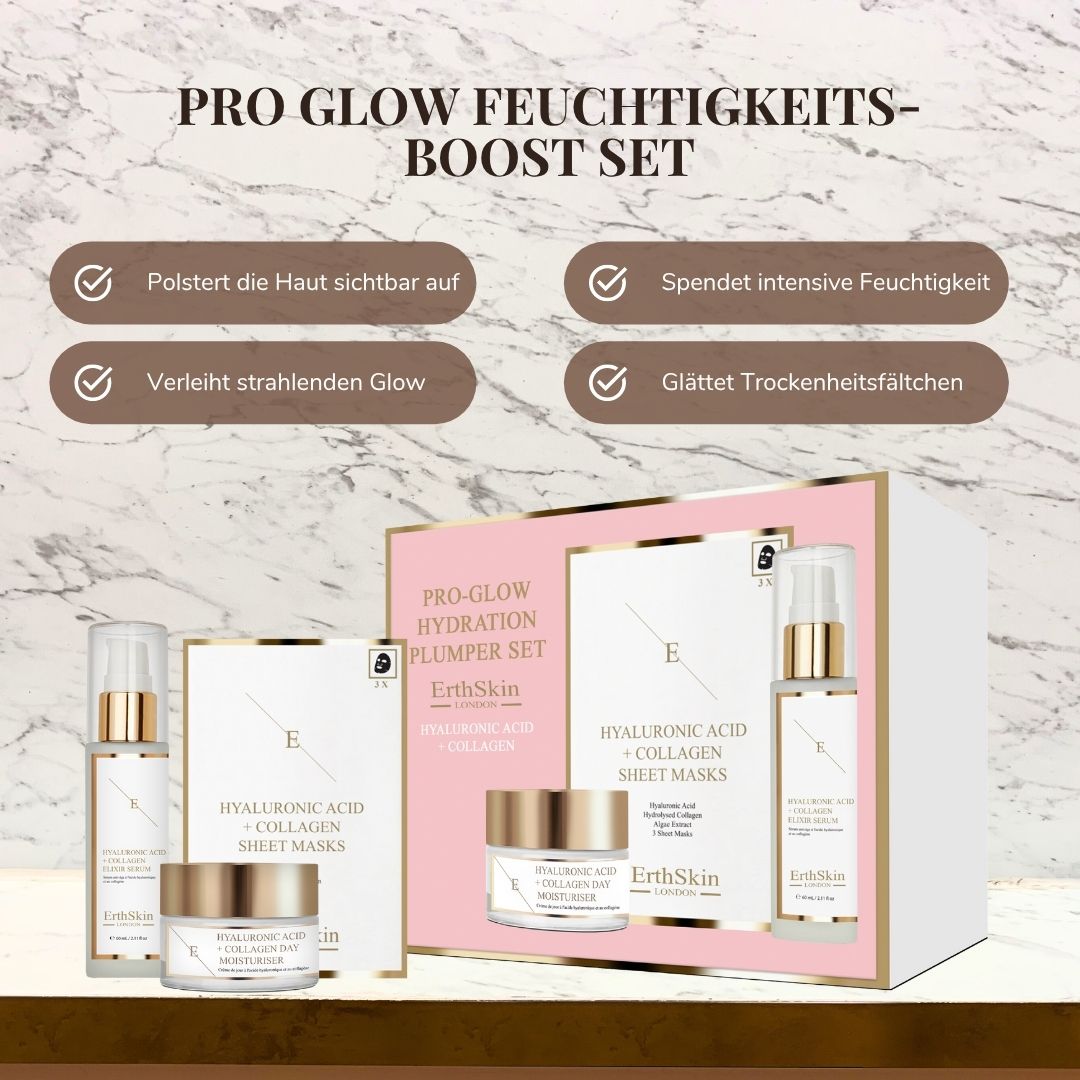 ErthSkin London PRO GLÖH HYDRATION PLUMPER SET. Roze-witte verpakking met producten. Tekst: PRO GLOW FEUCHTIGKEITS-BOOST SET.