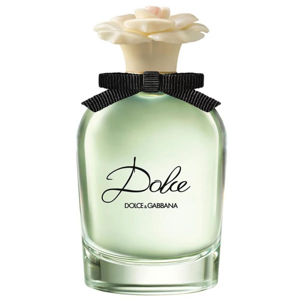 Flacon de parfum avec fleur blanche, nœud noir et inscription Dolce. Liquide vert clair dans le flacon.