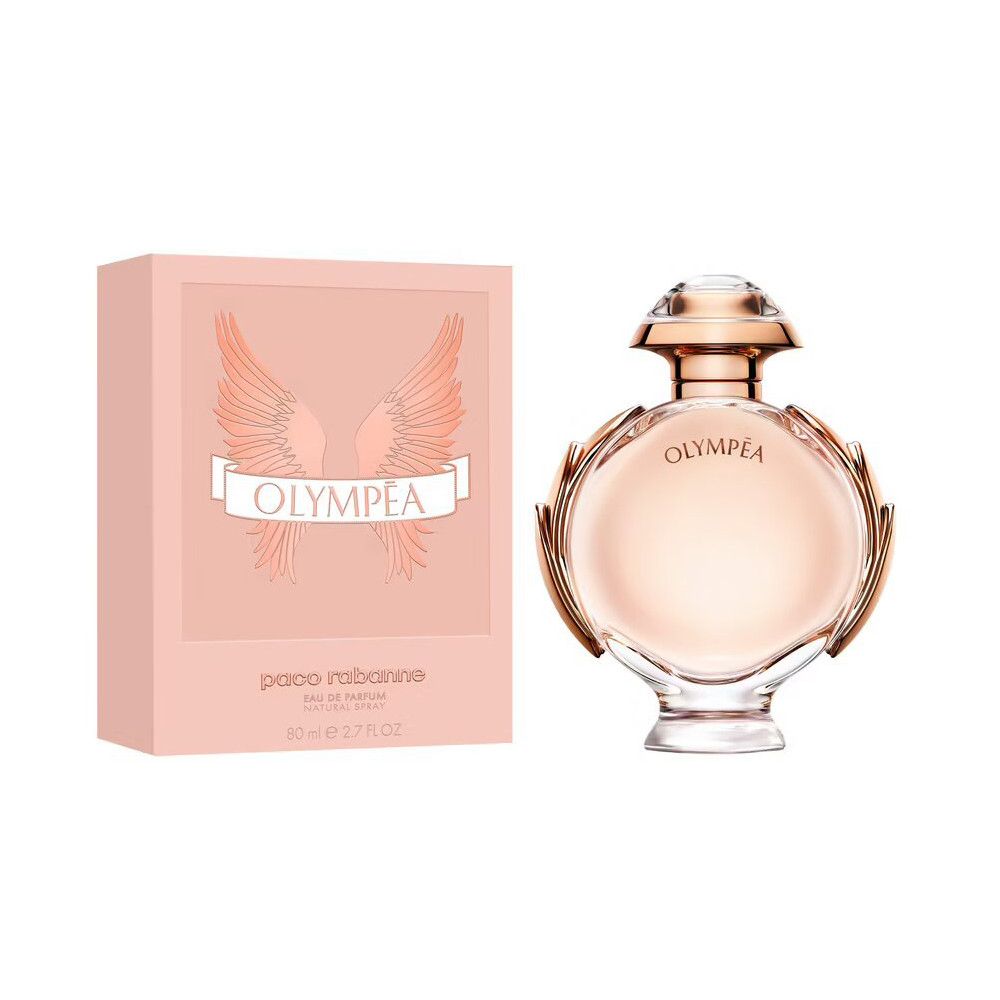 Roze fles en doos. Fles met gouden elementen en opschrift Olympéa. Doos met vleugelmotief en opschrift Olympéa.