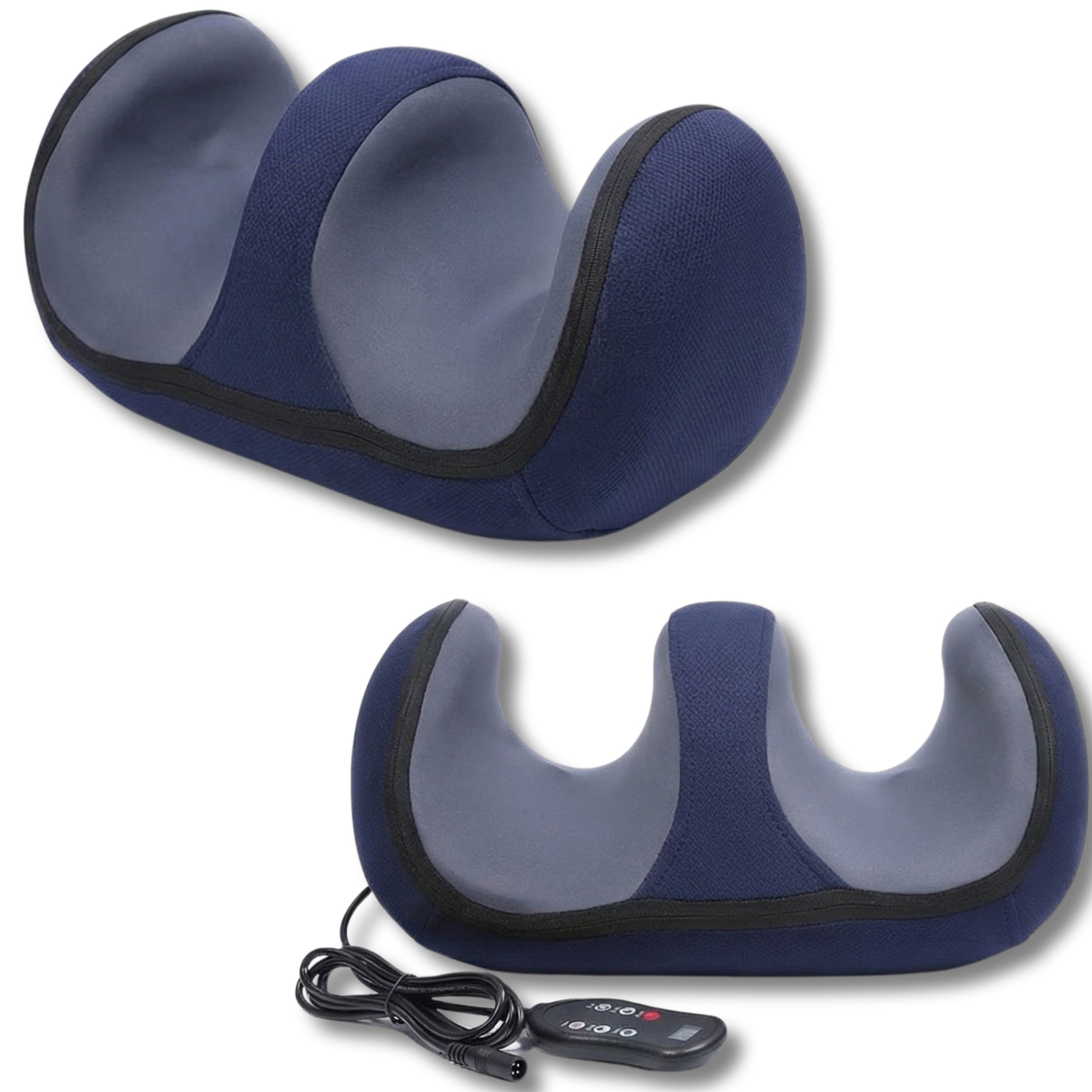 Twee blauw-grijze massageapparaten. U-vormig, met afstandsbediening met snoer.