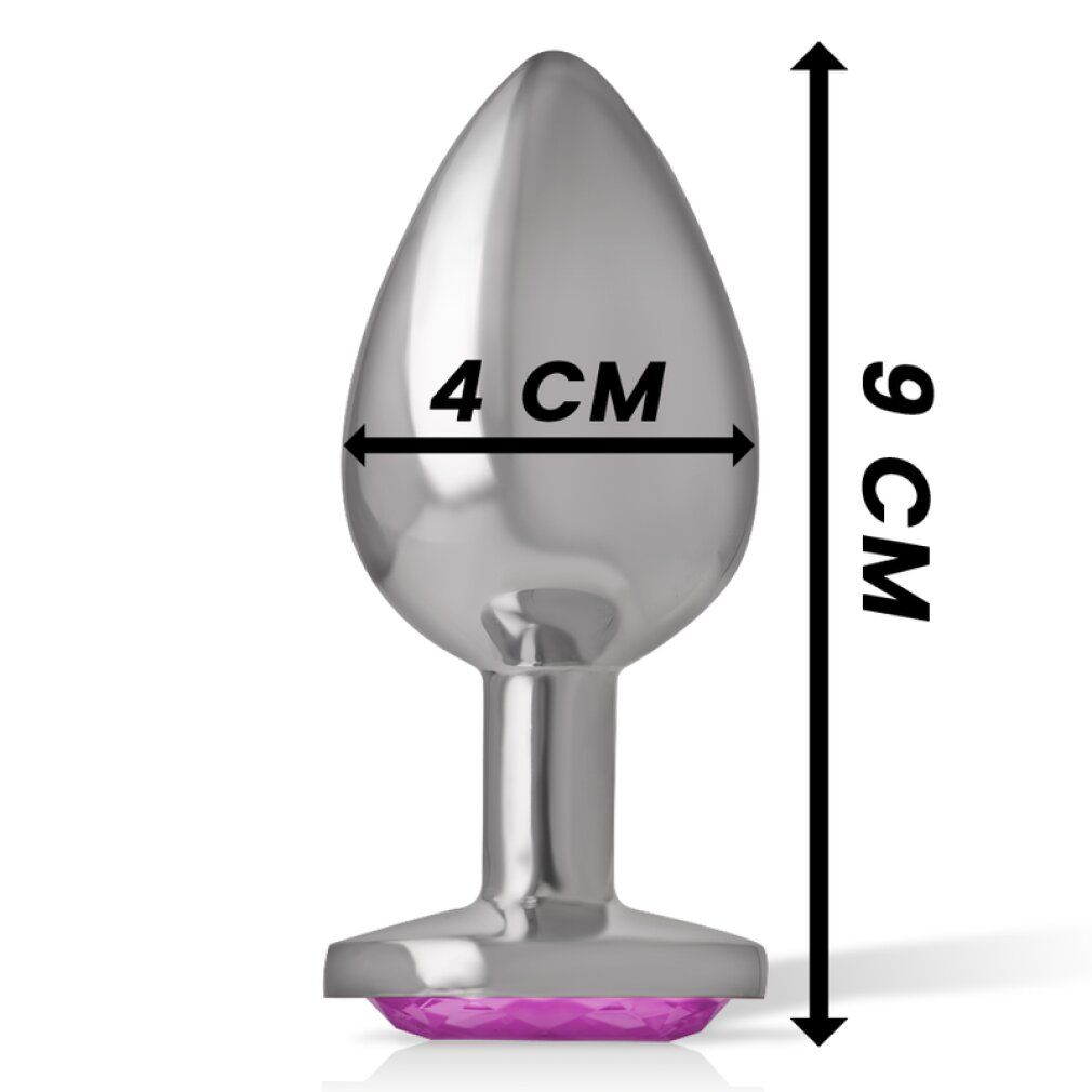 Metalen anale plug met roze kristal, afmetingen 9 cm hoogte, 4 cm breedte.