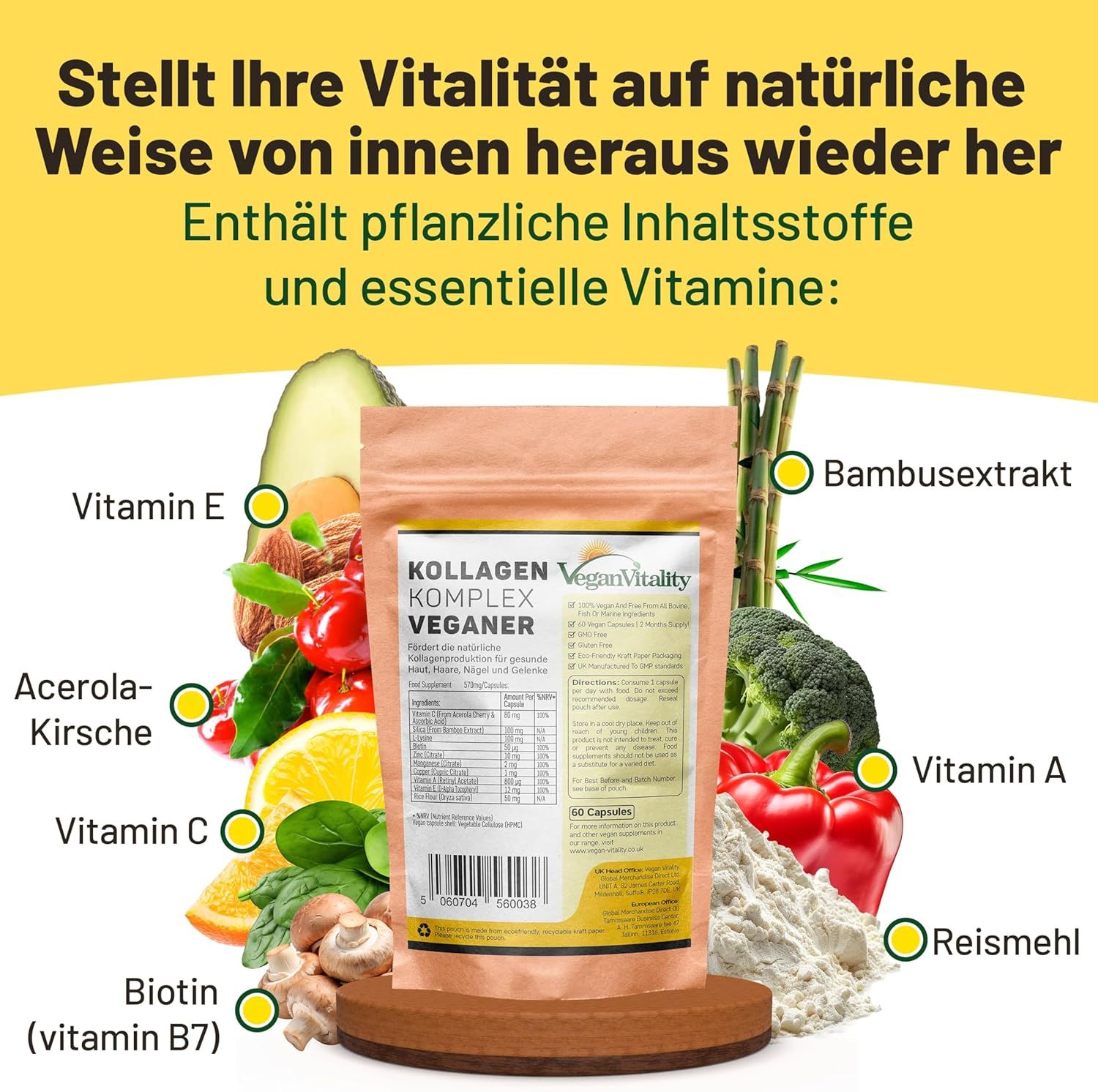Zakje met Vegan Vitality Kollagen capsules, omringd door ingrediënten zoals avocado, broccoli, champignons. Bevat plantaardige ingrediënten en vitamines: vitamine E, vitamine C, biotine, vitamine A.