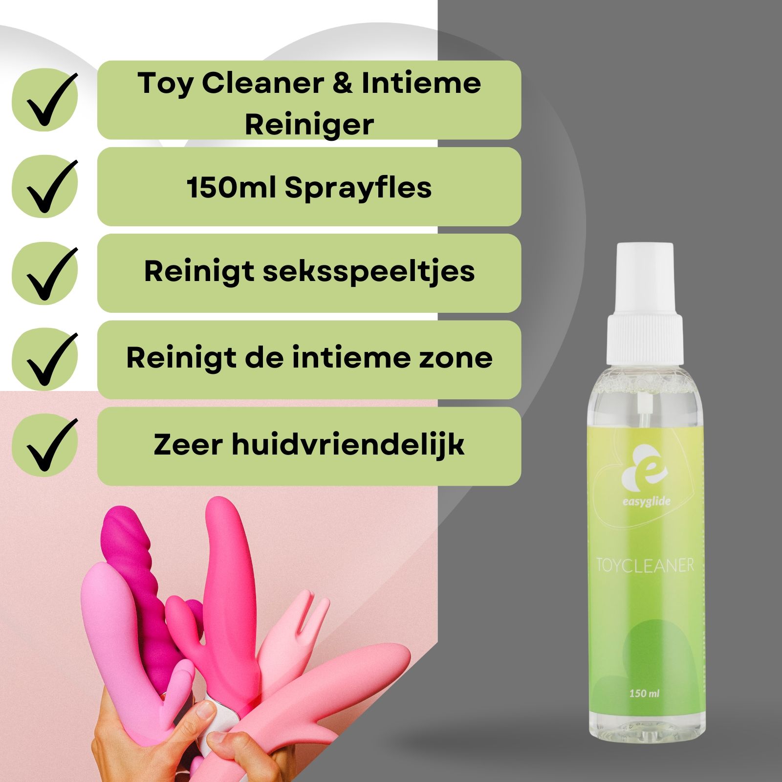 Productafbeelding met tekst. Fles "easyglide TOYCLEANER" en seksspeeltjes. Tekst: Reiniger, 150ml, huidvriendelijk.